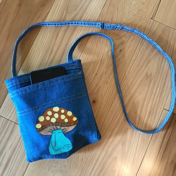 Handmade Crossbody Jean Purse: Painted Mushroom Over Shoulder Cell Phone Bag - Picture 9 of 10
